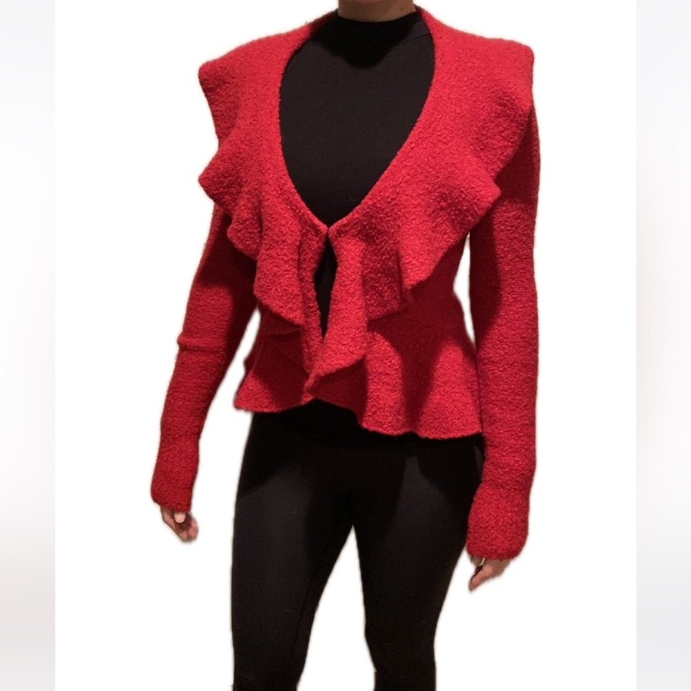 Vintage 90s Moda International wool blend peplum ruffled cardigan hook sweater